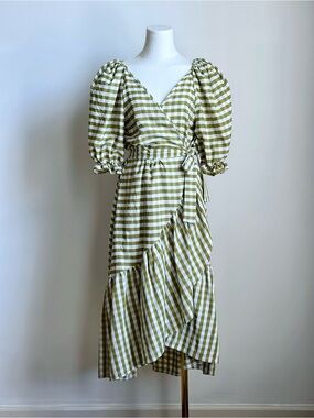 Olive Green & White Gingham Wrap Midi Dress Size S – New Without Tags